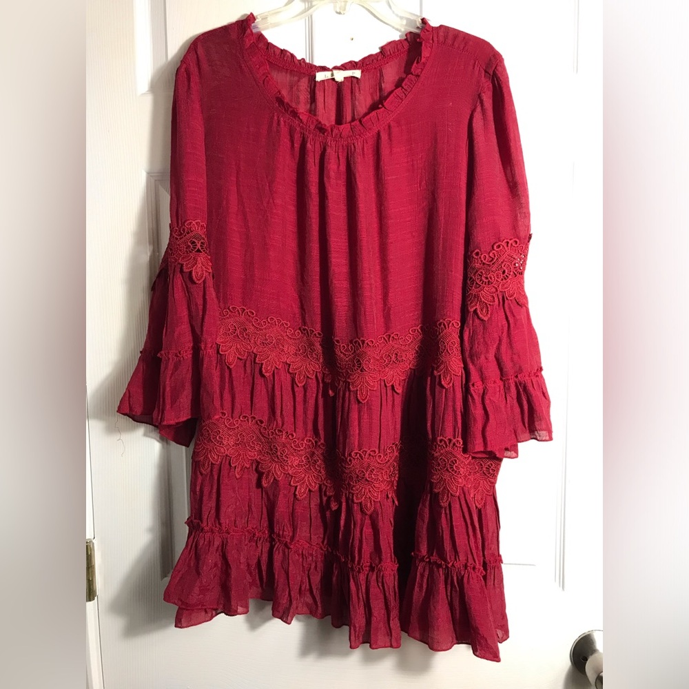 NWT Indigo Soul Burgundy Boho Tiered Lace Tunic 2X